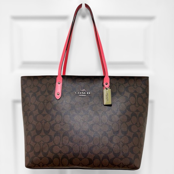 Coach Handbags - Coach Signature Town Tote in Coated Brown Canvas and Pink Lemonade